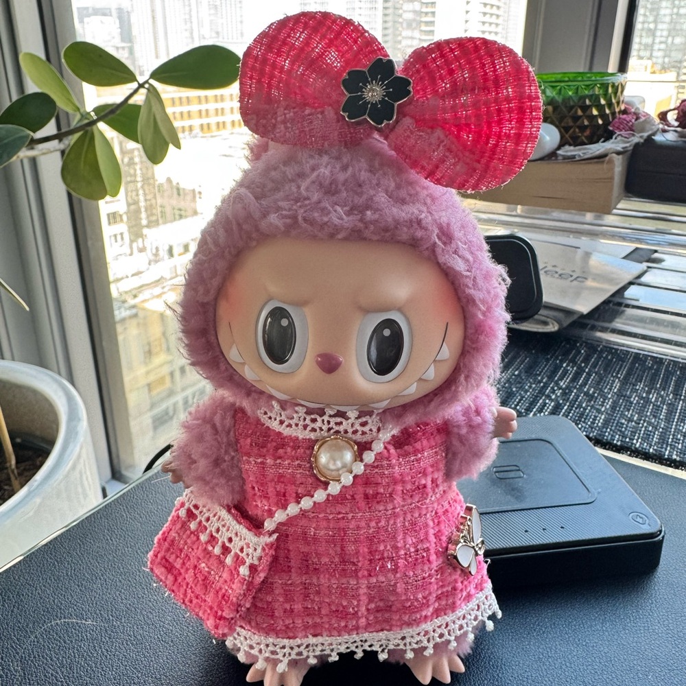 Pink Plush Doll with Bow and Pearl Accent